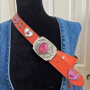 Retro Jeri Hart Design Pink Orange Leather Studded Jeweled Heart Western Belt